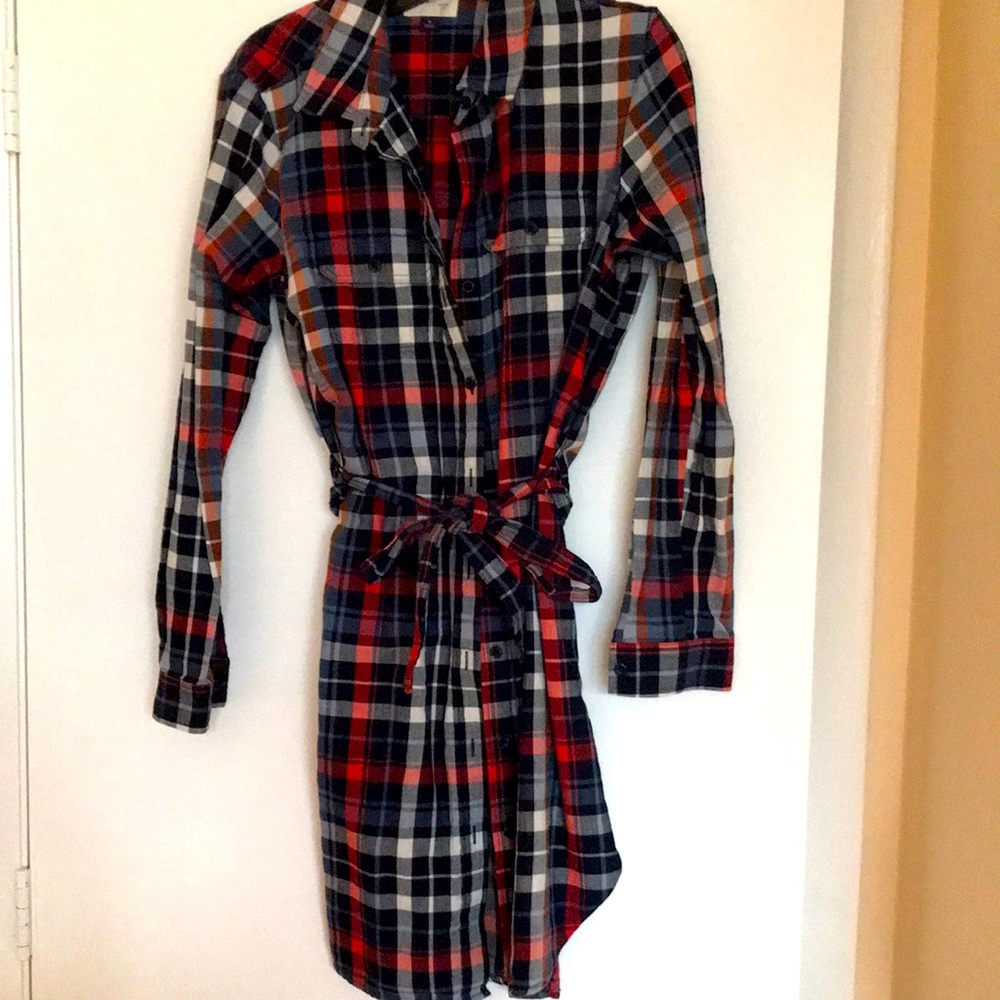 Button-up, tie- waist, plaid dress